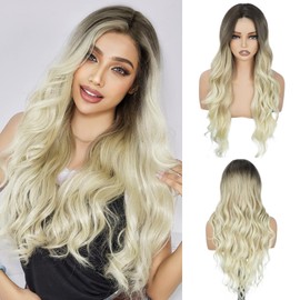 Long Wavy Wig for Women, 26 Inch Synthetic Lace Hairline Ombre Brown Wigs, Natural-Looking Secure Fit, Soft Heat Resistant Fiber