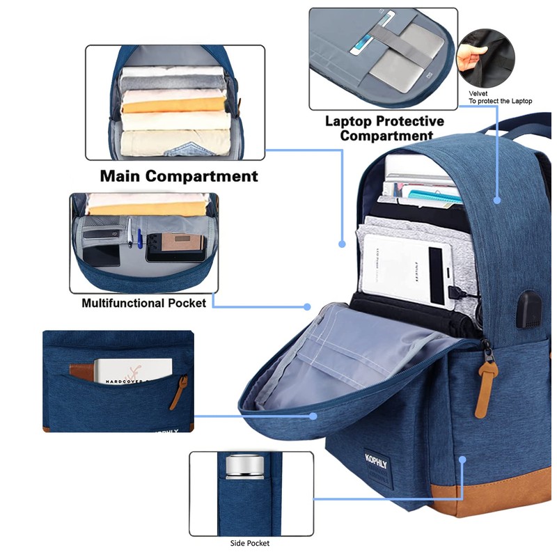 KOPHLY Mochila grande para portátil de viaje, marino, 43 cm