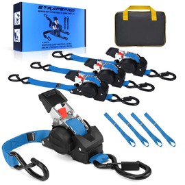 Retractable Ratchet Straps, 1763lb Break Strength Blue Self Retracting Ratchet Straps Heavy Duty with Soft Loops, 1'' x 10FT Auto Tie Down Straps Easy Retract for Motorcycle, Truck, Cargo, 4 Pack