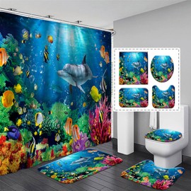 Kids Shower Curtain Set Bathroom Decor Sea World Blue Ocean Shower Curtain 4 Piece Waterproof Tropical Underwater Dolphin Coral Reef Fish Shower Curtain and Rugs Home Toilet Restroom Bath Accessories