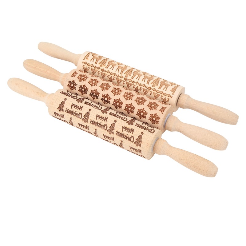 3Pcs Wooden Embossed Rolling Pin Cute Christmas Pattern Engraved Embossing