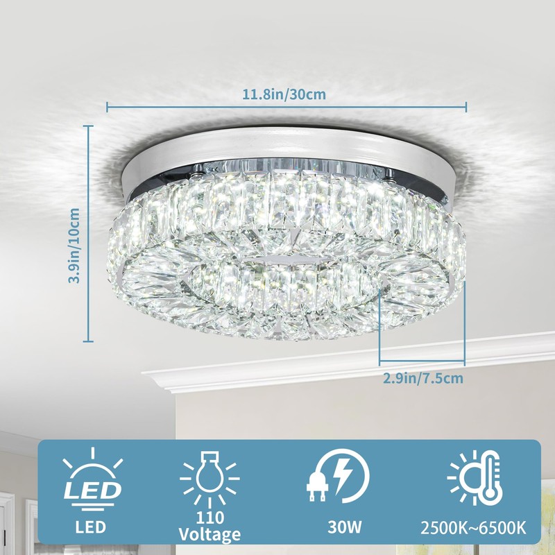 HomLaiting 7.8” Crystal Ceiling Light Fixture, Mini Round Chandeliers 6500K