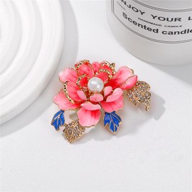 Red Peony Flower Enamel Brooch For Women Pearl Rhinestone Corsage Brooch Pin Dress Accessories Holiday Mothers Day Jewelry Gift Jewelry Gift