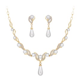Deyanse Wedding Jewellery Sets for Brides, Pearl Jewellery Sets for Women Bridal Necklace and Dangle Earring Sets, Elegant White Rhinestone Bridal Jewellery Set, Gold Bridesmaid Gifts for Wedding Day