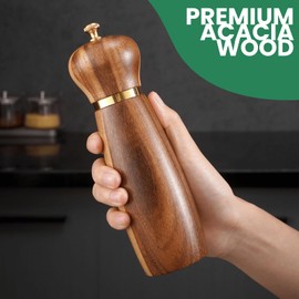 Wooden Salt and Pepper Grinder Set with Base, 8-Inch Manual Pepper Mill Grinder with Adjustable Coarseness, 2 Pack Acacia Wood Salt and Pepper Shakers Set