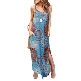 HUSKARY Women's Summer Casual Sleeveless V Neck Strappy Split Loose Dress Beach Cover Up Long Cami Maxi Dresses with Pocket