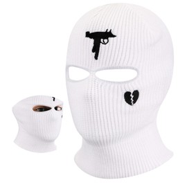 BBTO Knitted Ski Mask Winter Balaclava with 2 Holes Ski Face Cover for Outdoor Use, White
