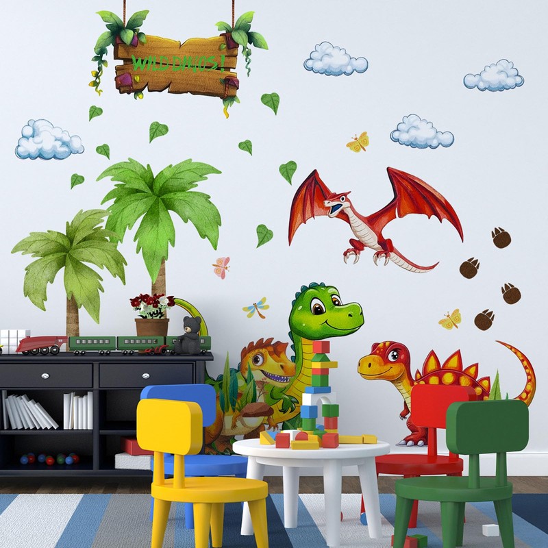 Dinosaur Wall Decals, Cartoon Jungle Theme with Palm Trees and