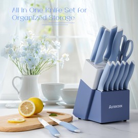 Astercook Knife Set 15 Pcs Stainless Steel Knives Dishwasher Safe Knife Block Set with Anti-slip Ergonomic Handle Blue