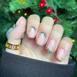 Christmas Press on Nails Short Square Winter Fake Nails Pink Full Cover Holly False Nails with Designs Glossy Glue on Nails Cute Acrylic Nails Manicure Artificial Nails for Women Girls 24Pcs