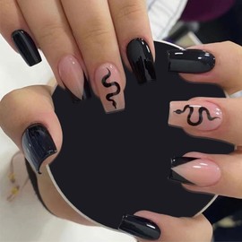 Ceboic Pack of 24 Medium Nude Nails for Sticking Coffin, Black Artificial Nails, Press On Nails with Snake Design, Acrylic French Tip Fingernails, Fake Nails for Women and Girls