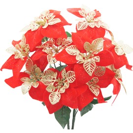 JOJAZE 2PCS Poinsettia Flowers Artificial Xmas Red Glitter Silk Poinsettias Bouquet Winter Artificial Fake Silk Poinsettia Bushesfor Indoor Outdoor Xmas Party Holiday Decor Home Table Centerpiece