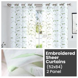 Canadian Linen Luxury Voile Sheer Curtains, W52 x L84, 2 Panels Light Filtering Machine Washable Sheer Window Drapes, Grommet Curtains for Home Living Room, Bedroom, Decorative Green Leaves Design