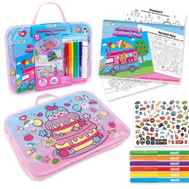 abeec Colouring & Activity Lap Case Pink | Portable Travel Art Set for Girls | 40 Page Colouring Pad, 6 Felt Tip Pens, Over 100 Stickers | Fun Lap Tray for Holidays, Homework & Road Trips