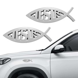 HQRNYP 2PCS Jesus Fish Decal Sticker, Jesus Fish Car Emblem, Aluminum Alloy Christian Badges Decals, Auto Accessories Waterproof Christian Symbol Emblem Sticker for Car Window Laptop (Silver)