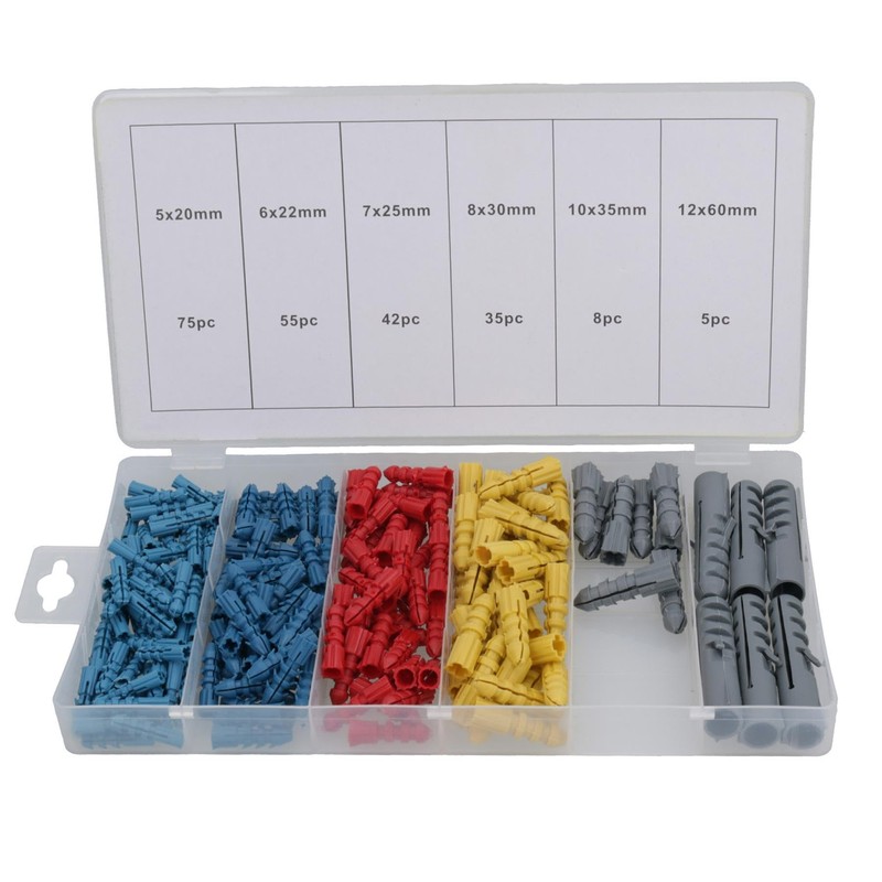 AB Tools 220pc Wallplugs Raw 20-60mm Rawl Plug Wall Coloured