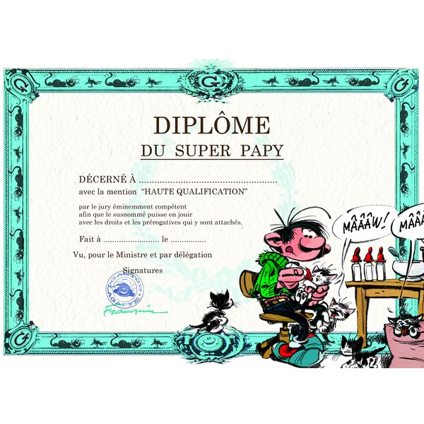 Gaston Lagaffe Diploma Card for Super Grandpa Grandpa - Kittens Small Cats Milk Bottle Birth - Birthday or Grandfather's Day