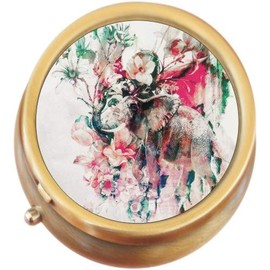 Watercolor Elephant Flowers Brass Round Pill Box