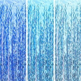 Cyxevous Under The Sea Party Decorations Navy Blue Ocean Blue Light Blue Wavy Tinsel Foil Fringe Curtain Photo Booth Props for Mermaid Birthday (3 Pack 3.2 ft X 6.6 ft Teal Blue)