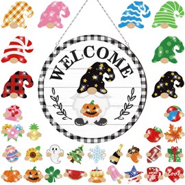 DoubleFill 33 Pcs Magnetic Diamond Painting Art for Adults Interchangeable Gnome Seasonal Welcome Sign Door Hanger with Detachable DIY Rhinestone Painting Kits Gnome Decorations for Home(Stylish)