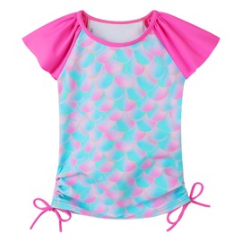 BAOHULU Girls Rash Guard 2 Pieces Bathing Suit UPF50+ Swimsuit with Swimming Skirt Swimwear S481_CyanPinkScale_4A
