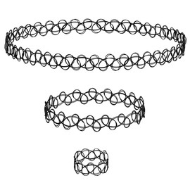 Weforu 3pc Assorted Tattoo Choker Necklace Set - 90s Accessories Old School Jewelry Gothick Black Stretchy Collar Bracelet & Ring Set, One Size for Women Teen Girl Party Accessories