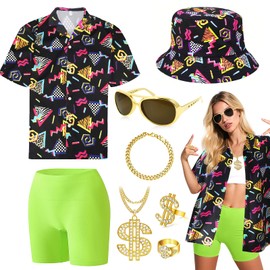80s 90s Fancy Dress awaiian Shirt Costume Men Women Outfit Women's Print Shirt Set Bucket Hat Gold Bling Sunglasses Retro Party Outfit with Printed for Party Festival Streetwear Look