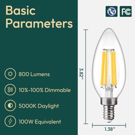 ALAMPEVER 12 Pack Chandelier Light Bulbs 100 Watt Equivalent, 800LM Bright Dimmable LED Light Bulb, E12 Base, 5000K Daylight White, B11 Type, 5.5W, Ideal for Living Room, Bedroom, Dining Room