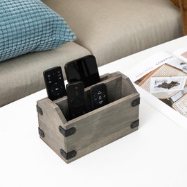 ExoLiry Stone Gray Wood Remote Control Organizer Wooden Tabletop Storage Caddy Two Compartment Holder TV Game Consoles Sorter Cell Phone Kitchen Utensils Office Supplies Living Room Home Bedroom