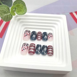 4th of July Press on Nails Medium Square Fake Nails French Tip Nails Press ons Pink Full Cover False Nails with Stars Stripes Polka Dots Glitter Designs Independence Day Stick on Nails for Women 24Pcs