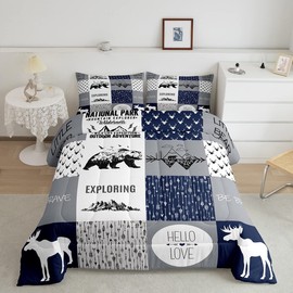 Feelyou Bear Deer Comforter Set Hunting Camping Bedding Set for Kids Boys Girls Deer Antler Comforter Rustic Cabin Plaid Duvet Set 1 Comforter Set with 2 Pillowcases King Size Boys