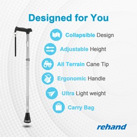 REHAND Walking Cane - Foldable, Adjustable, Collapsible Walking Canes for Men & Women, Pivot Tip, with Travel Bag | Walking Sticks for Seniors & Adults [Silver]