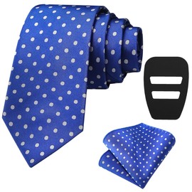 AUSKY Necktie for Men, Royal Blue Polka Dot Ties and Pocket Square Set
