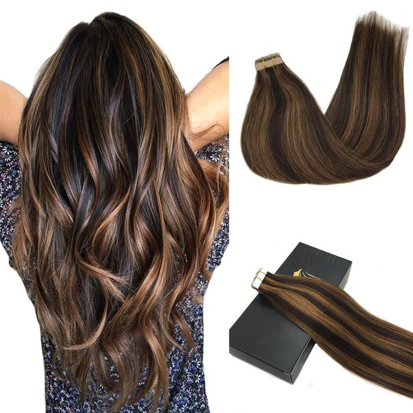 GOO GOO Remy Hair Extensions Tape in Human Hair Ombre Dark Brown Highlighted Chestnut Brown Ombre Hair Extensions Tape in Hair 20pcs 50g 24inch