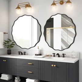 WallBeyond Round Wavy Mirror for Wall Decorative 32 inch, Modern Round Mirror Aluminum Frame Circle Wall Mirror for Bathroom Bedroom Living Room Home House Office Entryway, Black