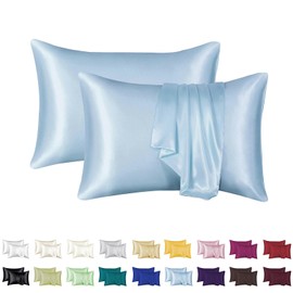 Luxurious Silky Satin Pillowcase for Hair and Skin - Set of 2 - Vegan Friendly - Standard Size - Silk Satin - Super Soft and Smooth, Cooling - Vegan (Sky Blue)