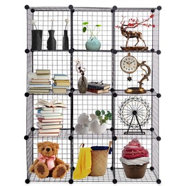 HAPPYGRILL 12-Cube Metal Wire Storage Cubes, Free Standing Modular Shelving Grids, Customizable Metal Rack Bookcase DIY Storage Organizer (42" x 14" x 56"(L x W x H))