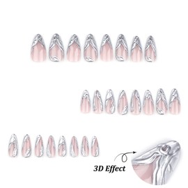 French Tip False Nails - 24pcs Silver Swirl False Nails - Medium Almond 3D Press on Nails - 12 Sizes Gothic Fake Nails with Glue - Full Cover Irregular Pattern Design Stick on Nails for Women Girls