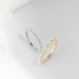 Stackable Ring for Women Minimalist Tiny Pearl Ring Silver Dainty Delicate Cute Ring Best Friend Stacking Diamond Gold Ring (Gold, 9)