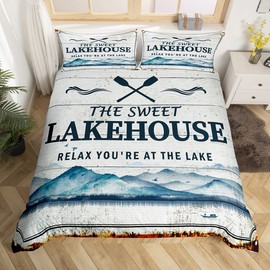 Lake House Bedding Set Full Size Rustic Farmhouse Style Duvet Cover Set Cabin Wood Stripes Vintage Rust Comforter Cover for Kids Girls Boys Adults Men Navy Watercolor Mountain View Quilt Cover 3pcs