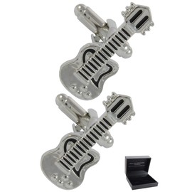 COLLAR AND CUFFS LONDON - Premium Cufflinks with Presentation Gift Box Electric Guitar - Solid Brass - Music Musical Teacher Singer Player Band Instrument - Silver and Black Colours