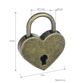 HMF Vintage Decorative Padlock with Key in Heart Shape | 3.9 x 3 x 0.7 cm | Bronze
