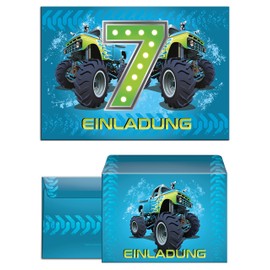 6 Invitation Cards with 6 Envelopes for 7th Children's Birthday Boys Monster Truck Blue / Monster Truck / Car / Birthday Invitations for Boys