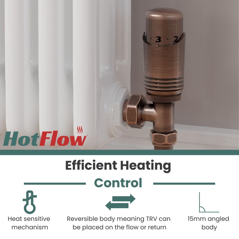 Hot Flow Antique Copper Cascade Angled Modern TRV Thermostatic Radiator