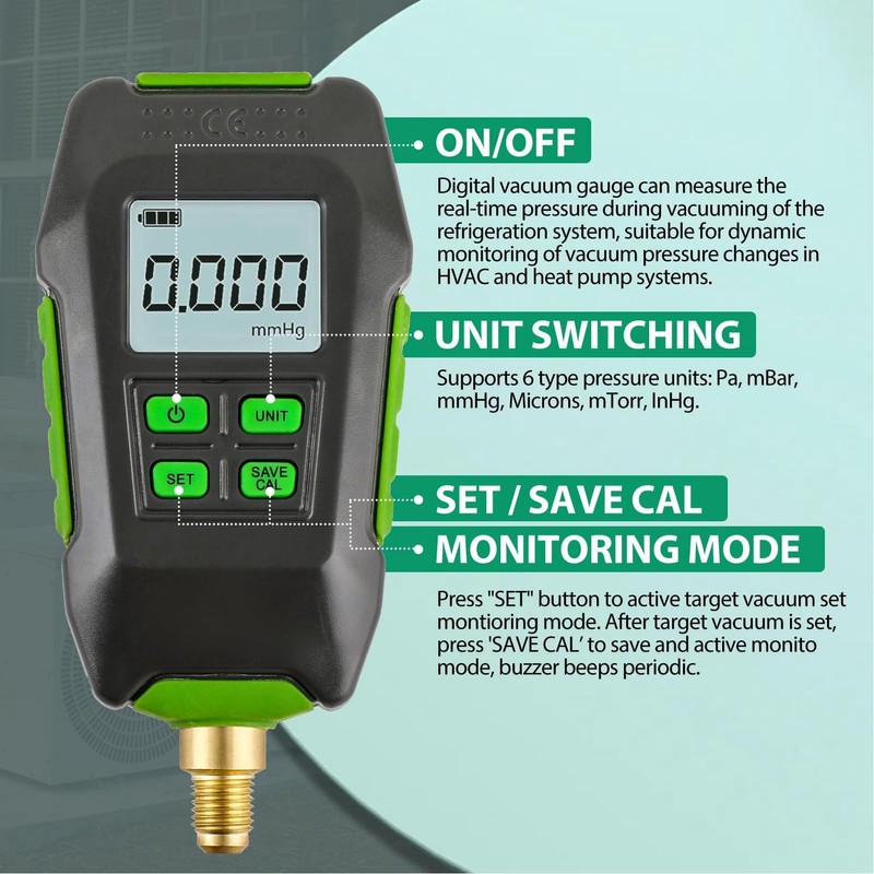 Digital Vacuum Tester, Professional Accuracy, Large Screen Display, 1/16 Inch