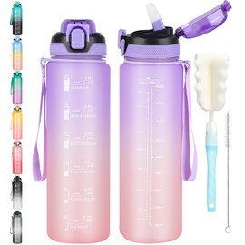 CodiCile Water Bottle 1 Litre with Straw, Water Bottle, Dishwasher Safe, Leak-Proof Sports Water Bottle with Time Marking for Bottle Brush, Non-Toxic for Running, Cycling, Gym, School, Office