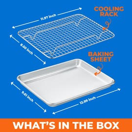 Baking Pan Set - 9" x 13" Aluminum Baking Pan with Stainless Steel Cooling Rack Set, PFOA, PFOS, PTFE Free, Recipe Booklet Included, Oven Safe Tray, Resist Heat Up To 500° F, Set of 2