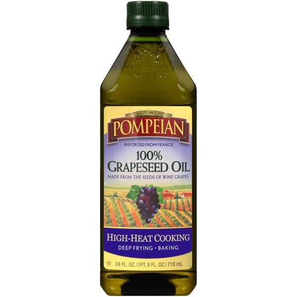 Pompeian 100% Grapeseed Oil, Light, Subtle Flavor, Perfect for High-Heat Cooking, Deep Frying and Baking, Rich in Vitamin E, Naturally Gluten Free, Non-Allergenic, Non-GMO, 24 FL. OZ., Single Bottle