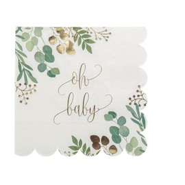 Napkins Baby Shower OH BABY Botanical Eucalyptus Leaves Wreath Table Decoration for Baby Shower Baby Shower Christening Birth Boy & Girl Unisex Colours White Green & Gold 48 Napkins