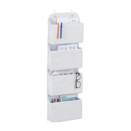 Relaxdays Hanging Organiser, 4 Compartments, Door Organiser with Hooks for Hanging, Non-Woven Hanging Storage Bathroom & Office, White